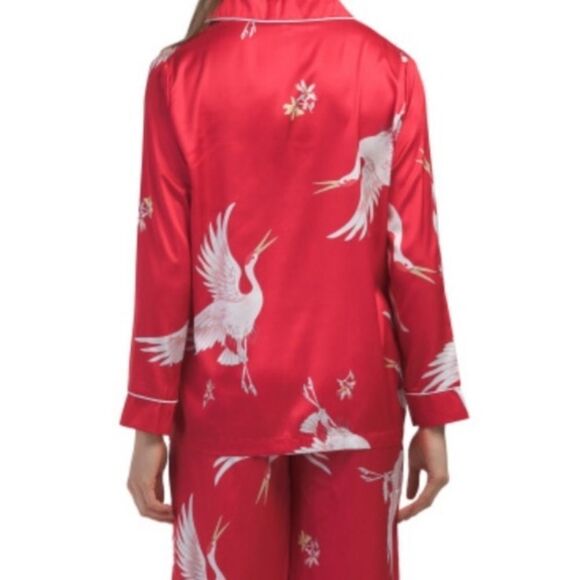 DALIA MACPHEE M & L Red White Satin Ibis Bird Print Long Sleeve Long Pant PJ Set - Picture 4 of 16